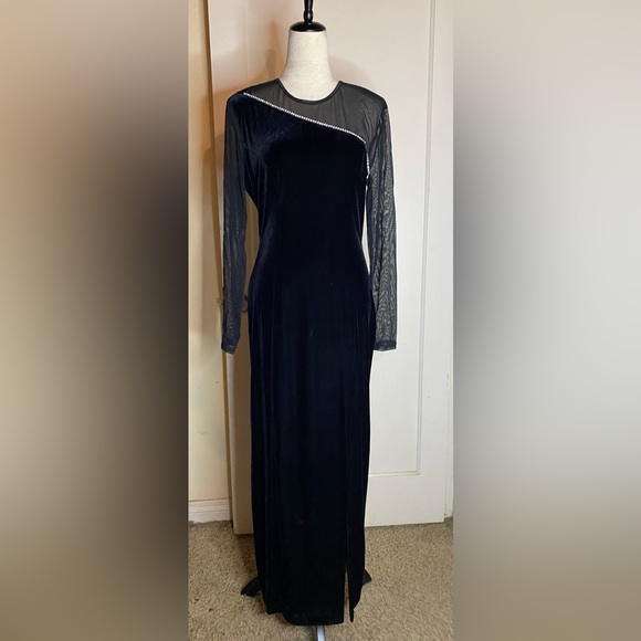 Vintage 90’s Velvet Maxi Dress Mesh Long Sleeves with Side Slit barbiecore noir - Picture 1 of 8